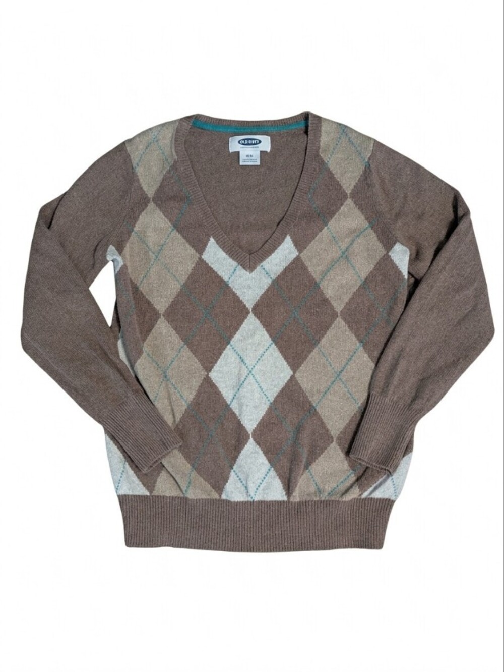 Old Navy Y2K Vintage Argyle Sweater Womens Large Brown Angora Rabbit Hair V-Neck